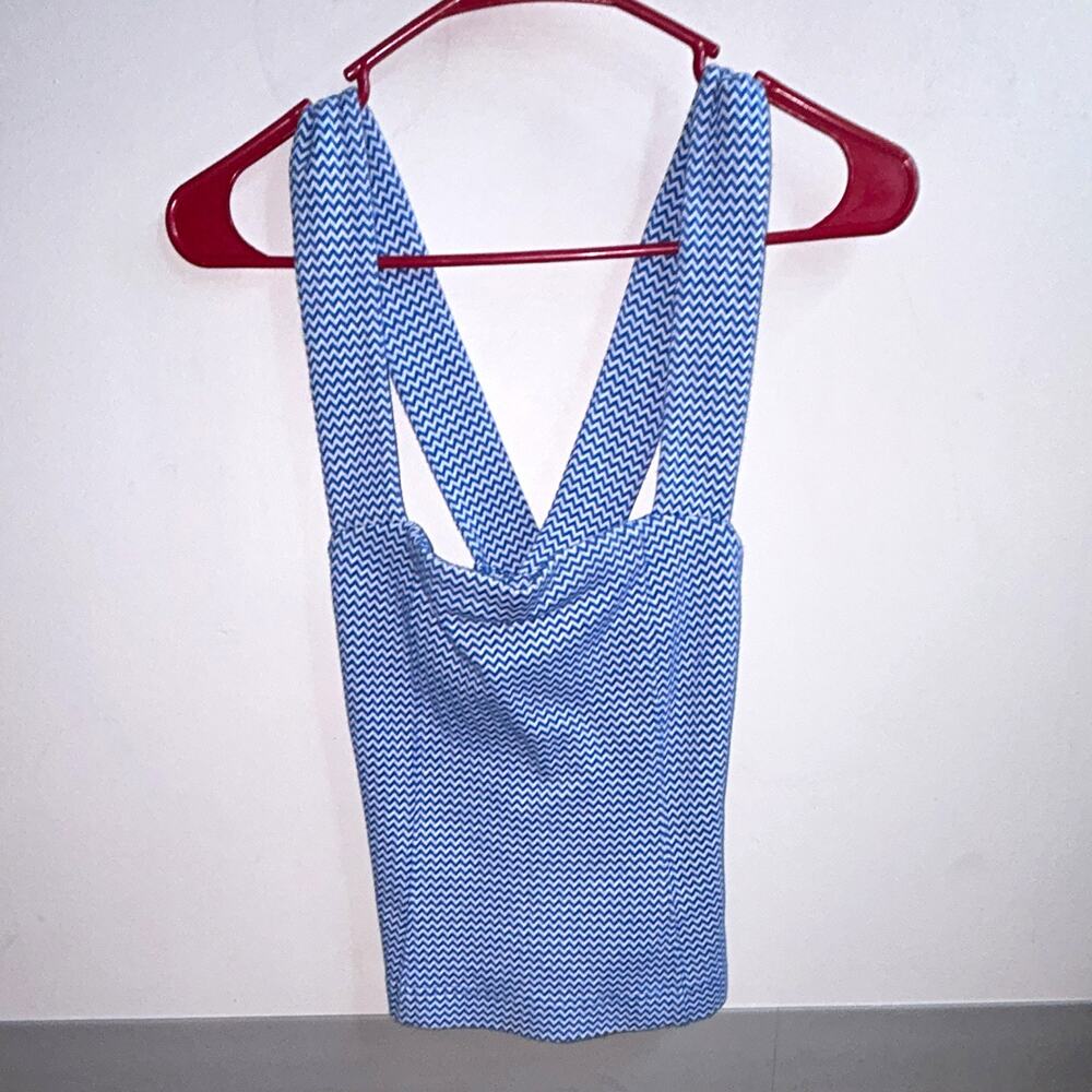Maeve Blue/White Chevron Knit Cotton V-Neck Button-Front Tank Top S
